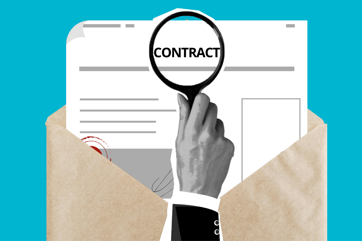An illustration of a hand holding a magnifying glass over a document labeled "CONTRACT" as it emerges from a tan envelope.