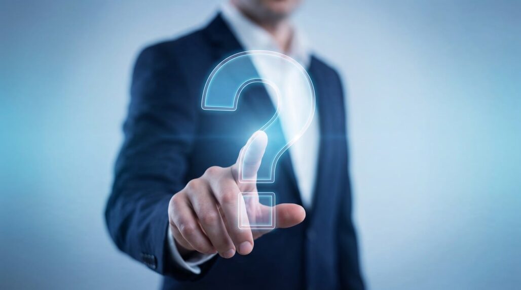 A person in a business suit touching a large, glowing blue digital question mark.