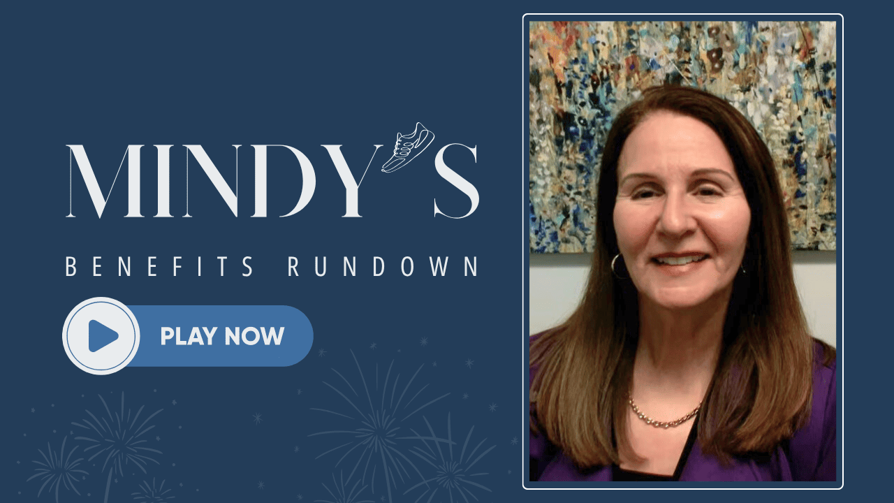 Graphic for Mindy’s Benefits Rundown January 2026 issue with a "Play Now" button.