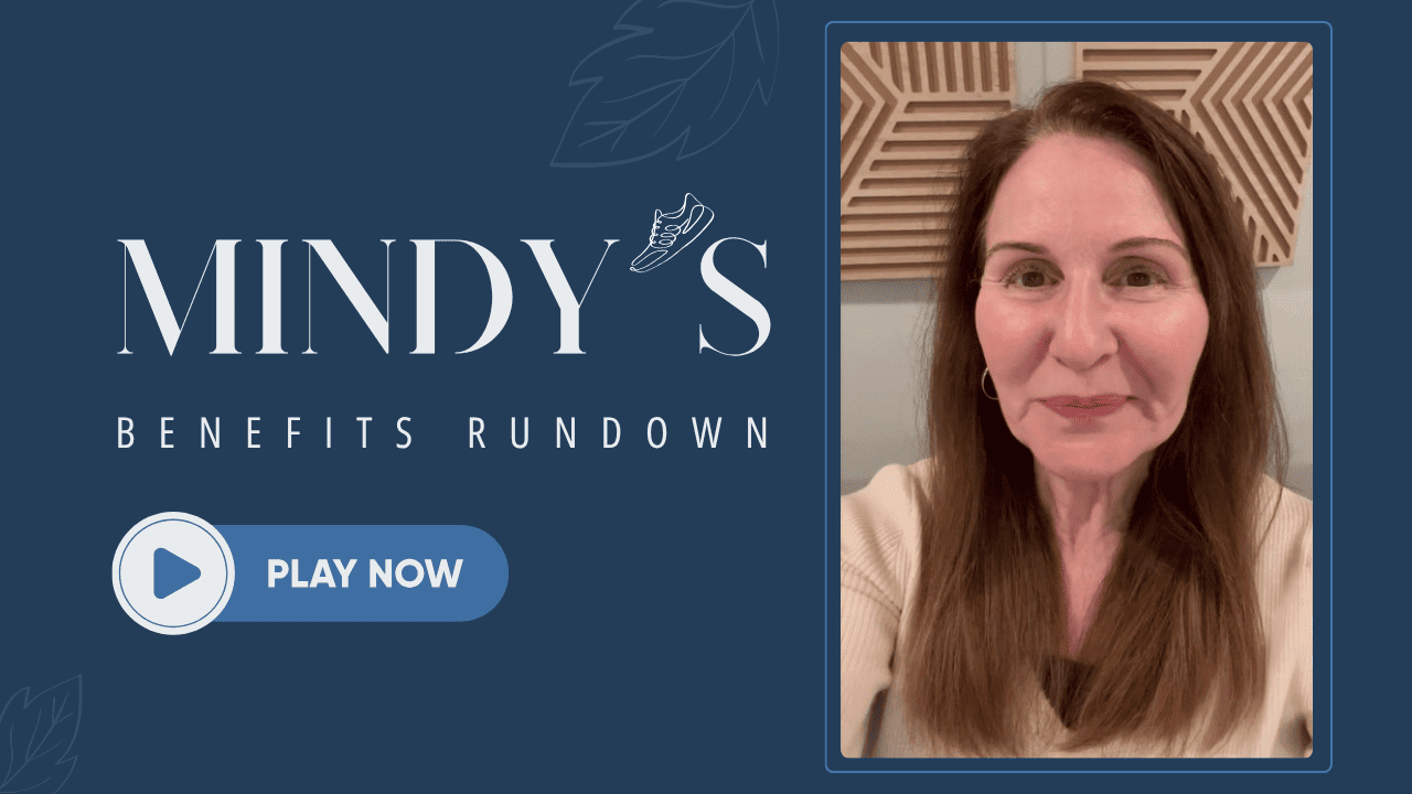 Graphic for Mindy’s Benefits Rundown October 2025 issue with a "Play Now" button.