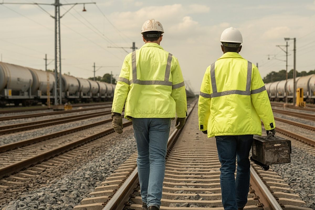 Two transportation workers in safety gear walking along a rail yard, representing a Strategic Benefits Advisors client in a 401(k) operations review case study.