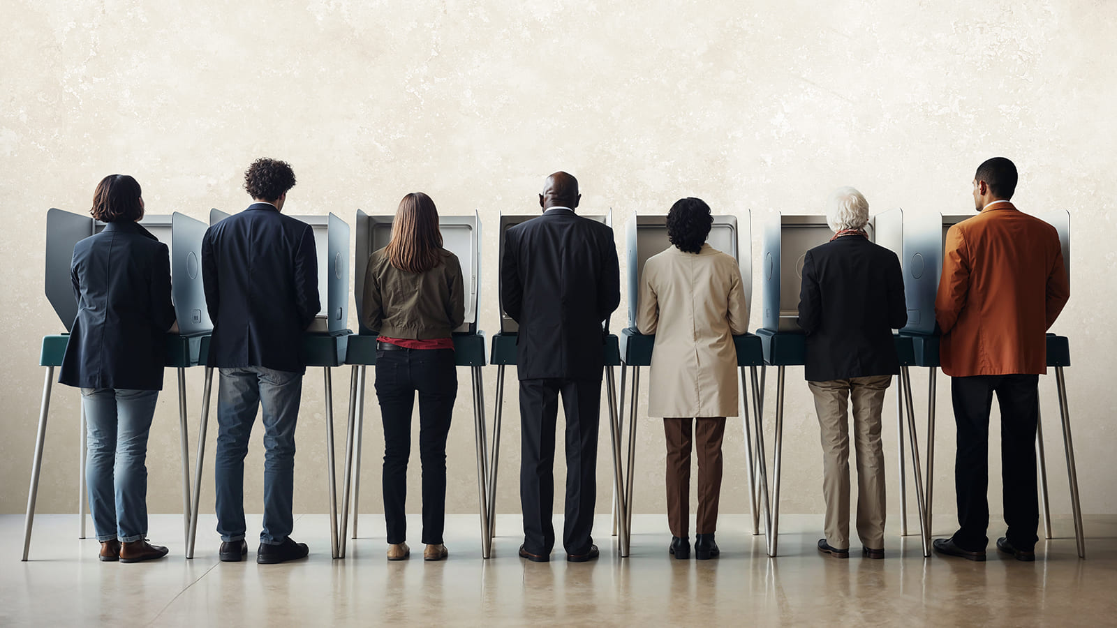 Strategic Benefits Advisors open enrollment poll results graphic, featuring a rear view of seven diverse individuals standing side-by-side at voting booths against a textured wall.