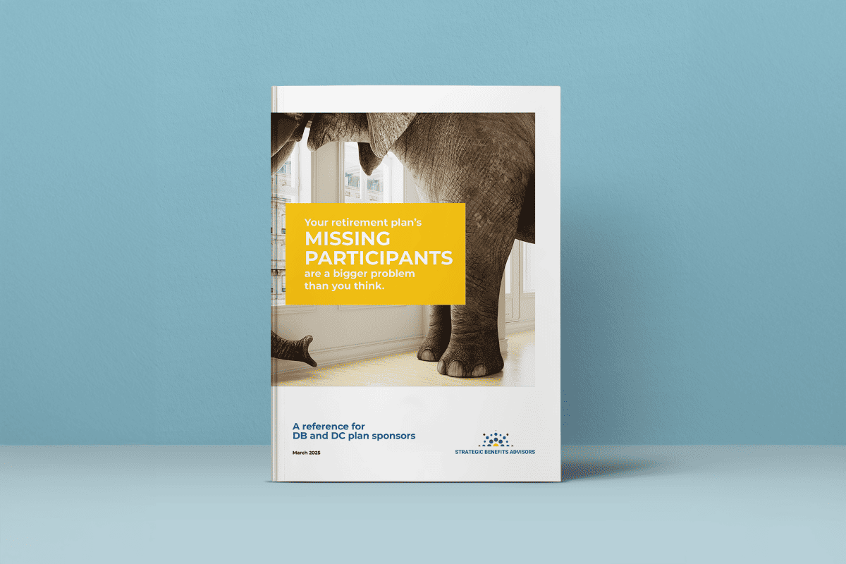 Strategic Benefits Advisors eBook cover. A bright yellow text block reads: "Your retirement plan's MISSING PARTICIPANTS are a bigger problem than you think." The subtitle reads: "A reference for DB and DC plan sponsors." The cover artwork features a large elephant standing inside a white room.