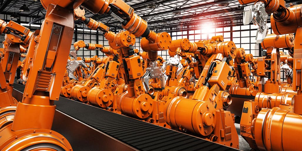Replacing an all-in-one administrator with best-in-class benefit vendors for an electronics manufacturer, featuring rows of specialized orange robotic assembly arms on a factory floor.