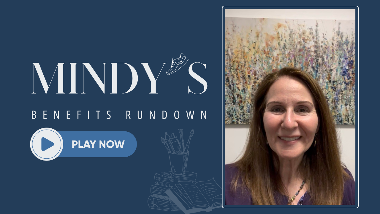 Graphic for Mindy’s Benefits Rundown August 2026 issue with a "Play Now" button.